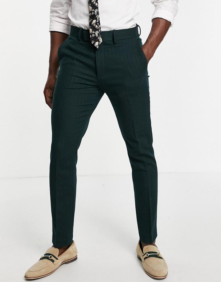 Asos Design Wedding Skinny Wool Mix Suit Pants In Forest Green Herringbone-black