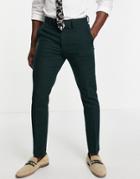 Asos Design Wedding Skinny Wool Mix Suit Pants In Forest Green Herringbone-black