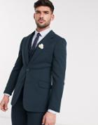 Asos Design Wedding Super Skinny Suit Jacket In Dark Green Wool Blend Twill