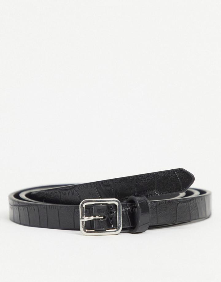 Asos Design Super Skinny Belt In Black Matte Faux Croc With Silver Buckle