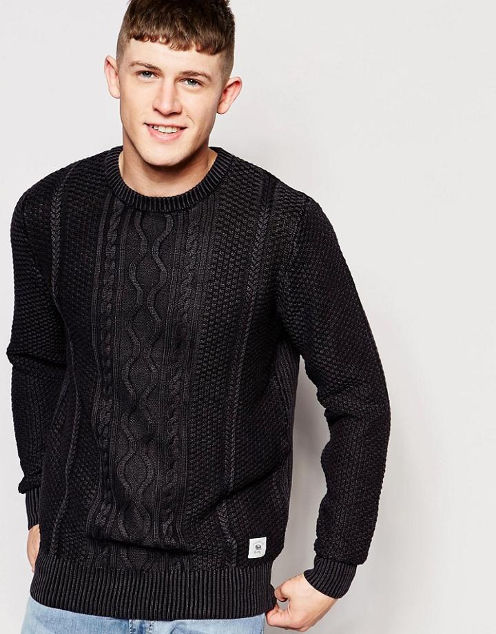 Bellfield Knit Jumper Enzyme Wash Multi Cable Cotton Knit - Black