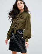 Oh My Love Bell Sleeve Shirt With Neck Tie - Green