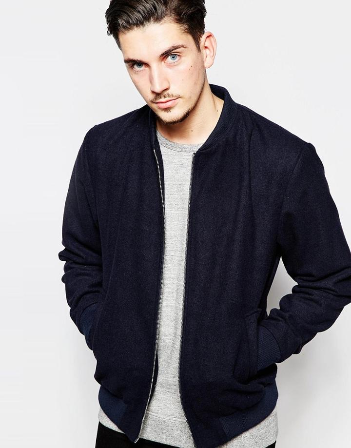 Stanley Adams Wool Rich Melton Bomber Jacket - Navy