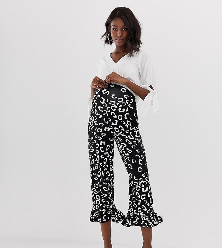 Asos Design Maternity Pants With Fluted Ruffle Hem In Mono Animal Print - Multi