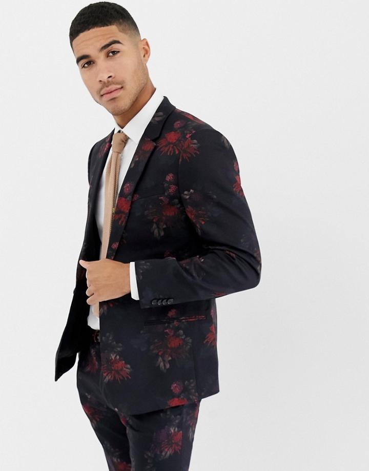 River Island Wedding Skinny Fit Suit Jacket In Dark Floral Print - Pink