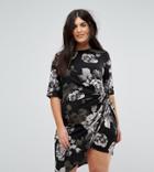 Yumi Plus Asymetric Midi Dress In Mono Floral - Black