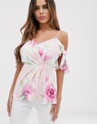 Lipsy Wrap Cold Shoulder Top In Pink Floral