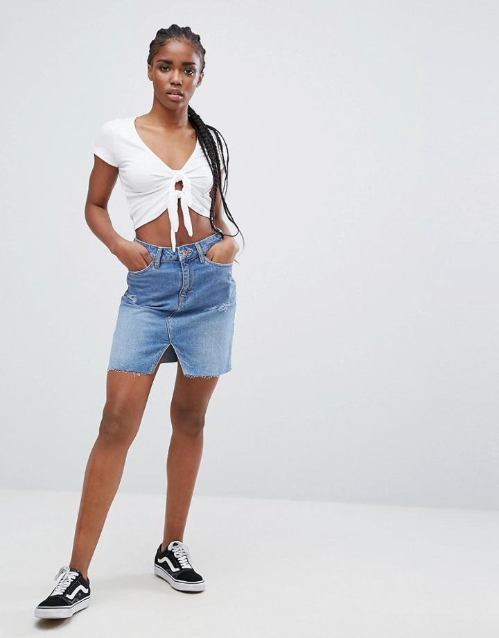 New Look Denim Cut Off Mini Skirt - Blue