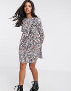 Asos Design Mini Smock Dress With Frill Detail In Black Base Ditsy Floral