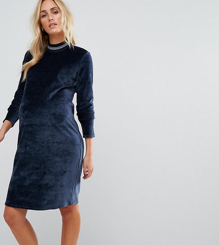 Supermom Maternity Velvet Bodycon Dress With Metallic Tipping - Blue