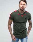 Good For Nothing T-shirt In Khaki With Embroidered Roses Sleeves - Green