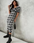 Missguided Midi Dress With Puff Sleeve And Ruched Detail In Black Check