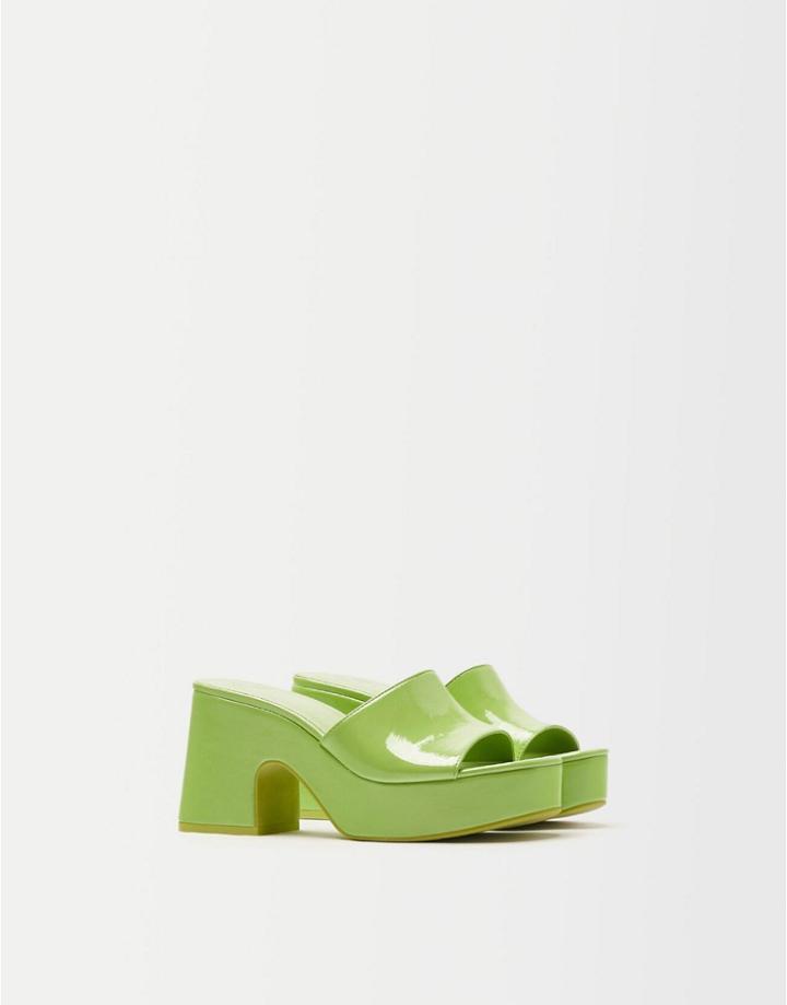 Bershka Mid Heel Chunky 70s Platform Heeled Sandals In Bright Green