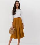 Asos Design Tall Button Front Floaty Midi Skirt With Pleats - Yellow