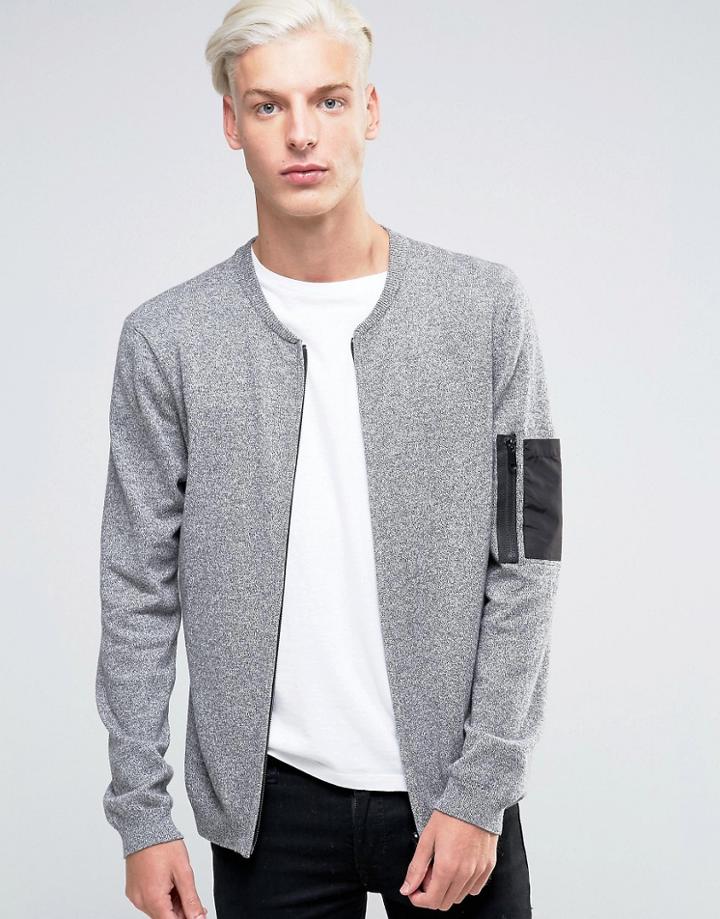 Asos Knitted Bomber With Military Pocket Styling - Gray