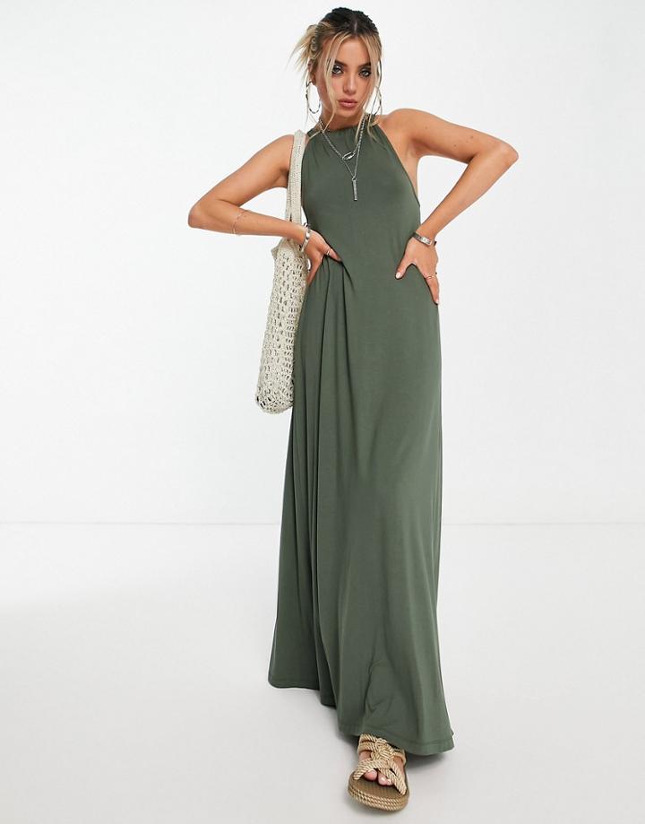 Asos Design Gathered Neck Maxi Dress With Open Back In Khaki-green