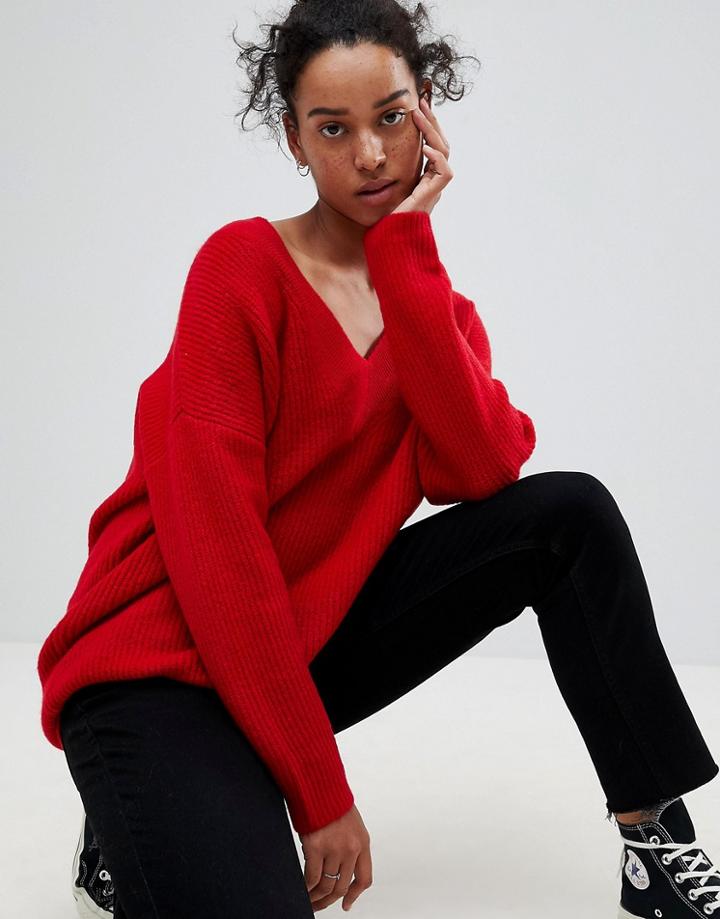 Asos Chunky Sweater In Oversized With V Neck - Red
