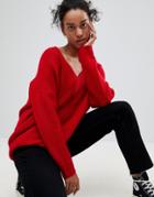 Asos Chunky Sweater In Oversized With V Neck - Red