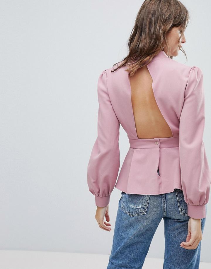 Prettylittlething Open Back High Neck Blouse - Cream