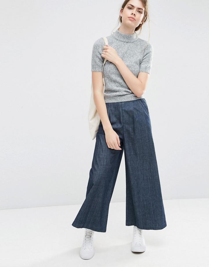 Asos Textured Denim Wide Leg Pants - Darkwash Blue