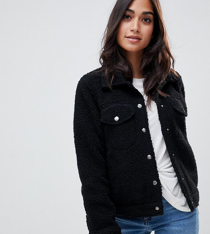 Brave Soul Petite Tedd Trucker Jacket In Borg - Black