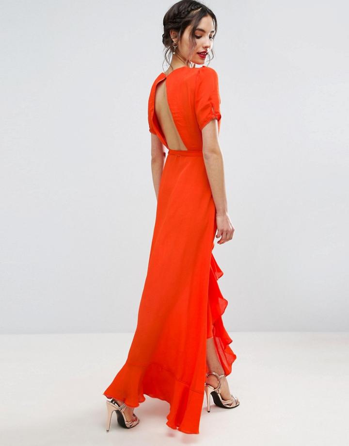 Asos Tea Dress Maxi With Ruffle Detail And Open Back - Orange