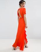 Asos Tea Dress Maxi With Ruffle Detail And Open Back - Orange