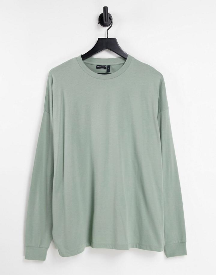 Asos Design Organic Blend Oversized Long Sleeve T-shirt In Khaki-green