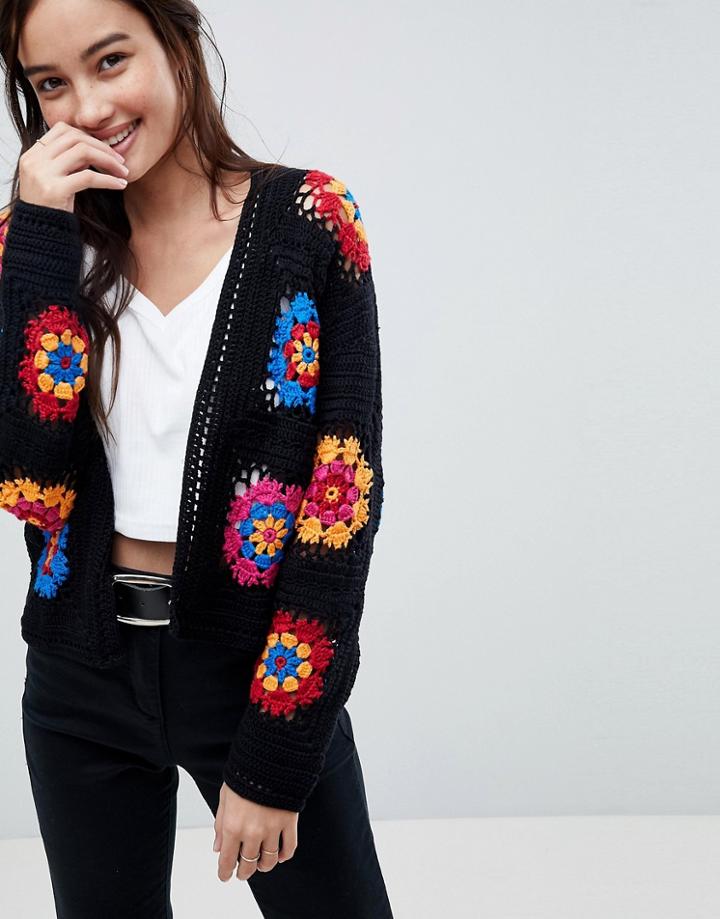 Asos Design Premium Cardigan In Bright Hand Crochet - Multi