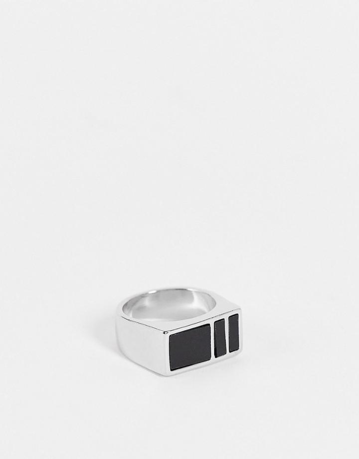 Asos Design Slim Signet Ring With Black Stones In Burnished Silver