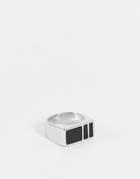 Asos Design Slim Signet Ring With Black Stones In Burnished Silver