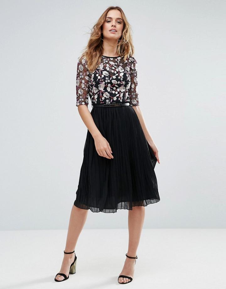 Little Mistress Embroidered Midi Dress With Pleats - Black