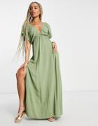 Asos Design Recycled Flutter Sleeve Maxi Beach Dress In Khaki-green