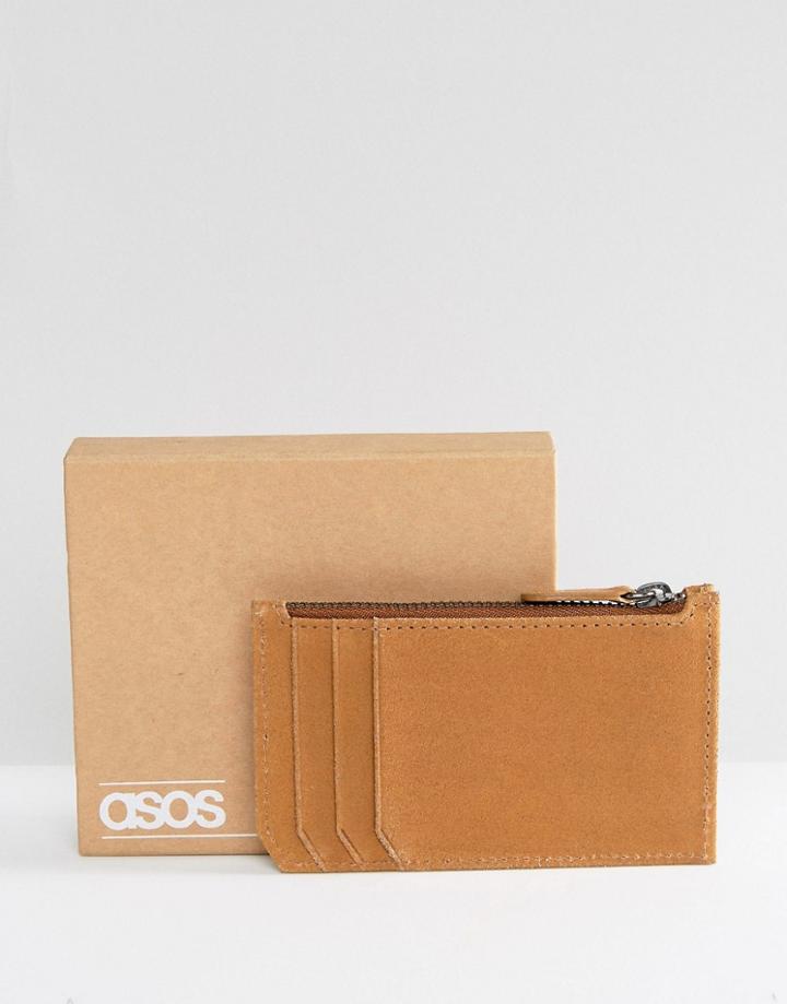 Asos Leather Zip Top Card Holder In Tan - Tan