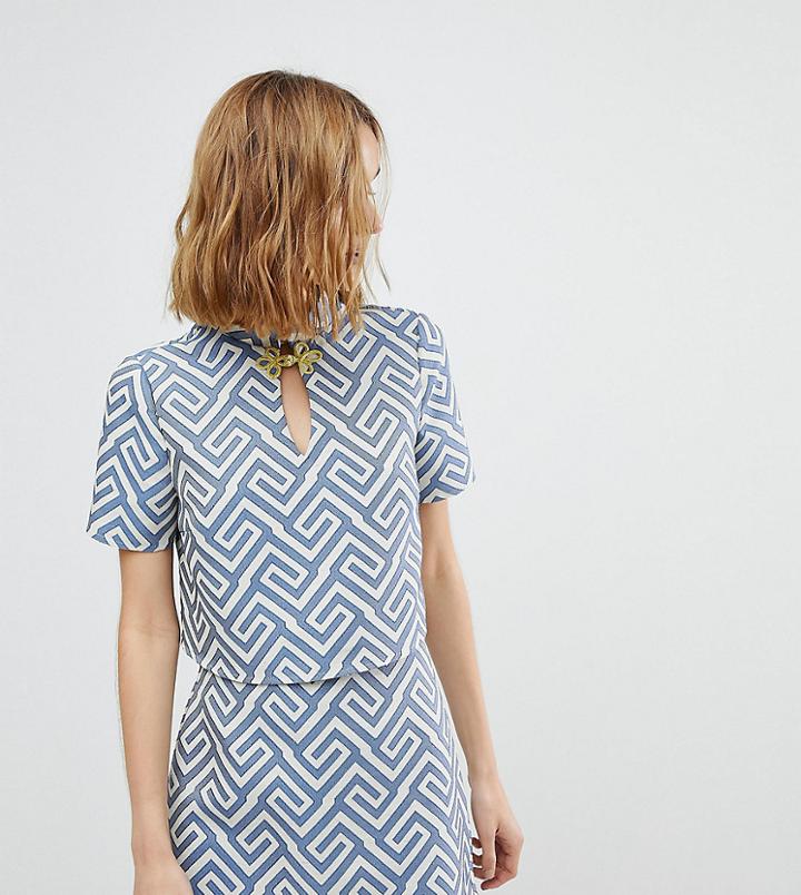 Reclaimed Vintage Inspired Manderin Collar Top With Frogging Detail - Blue