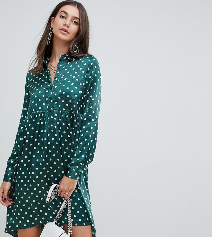 Influence Tall Dip Hem Satin Polka Dot Shirt Dress - Green