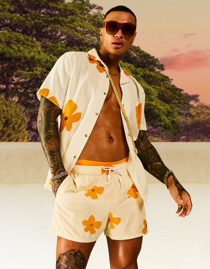 Asos Design Swim Shorts In Floral Print Short Length - Part Of A Set-neutral