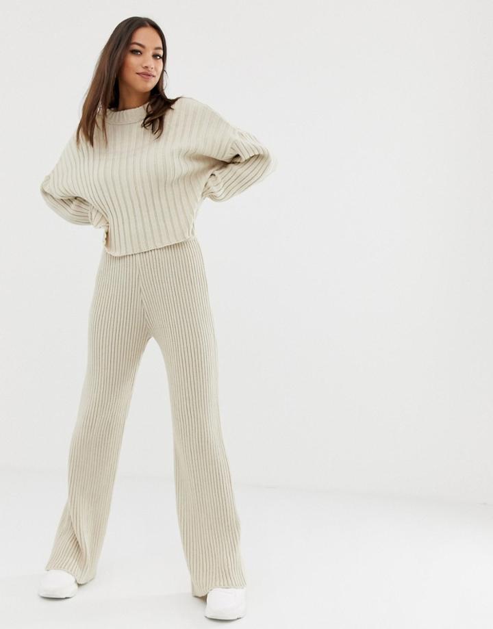 Prettylittlething Ribbed Flare Pants Two-piece In Stone - Gray