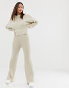 Prettylittlething Ribbed Flare Pants Two-piece In Stone - Gray