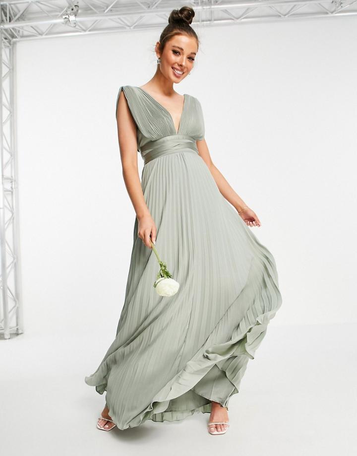 Asos Design Bridesmaid Pleated Cami Maxi Dress With Satin Wrap Waist-green