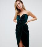 Asos Design Petite Velvet Wrap Bandeau Dress With Lace Trim - Green