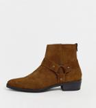 Asos Design Wide Fit Stacked Heel Western Chelsea Boots In Tan Suede With Buckle Detail - Tan