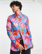 Asos Design Regular Satin Shirt With 70s Ruffle Front In Recycled Polyester In Blue - Lblue-green