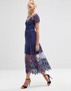 Asos Embroidered Mesh And Lace Midi Dress - Blue