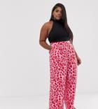 Asos Design Curve Wide Leg Pants In Pink And Red Animal - Multi