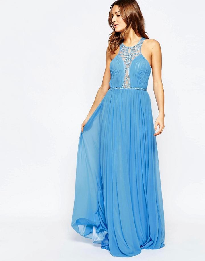 Forever Unique Saffron Maxi Dress With Embellished Plunge Neck - Blue