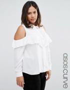 Asos Curve Cold Shoulder Blouse With Ruffle - White