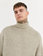 Asos Design Fluffy Textured Knit Roll Neck Sweater In Oatmeal-beige