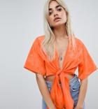 Asos Design Petite Tie Front Top In Orange Jacquard - Red