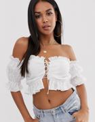 Koco & K Off Shoulder Embroidered Tie Front Long Sleeve Crop Top In Cream - Cream